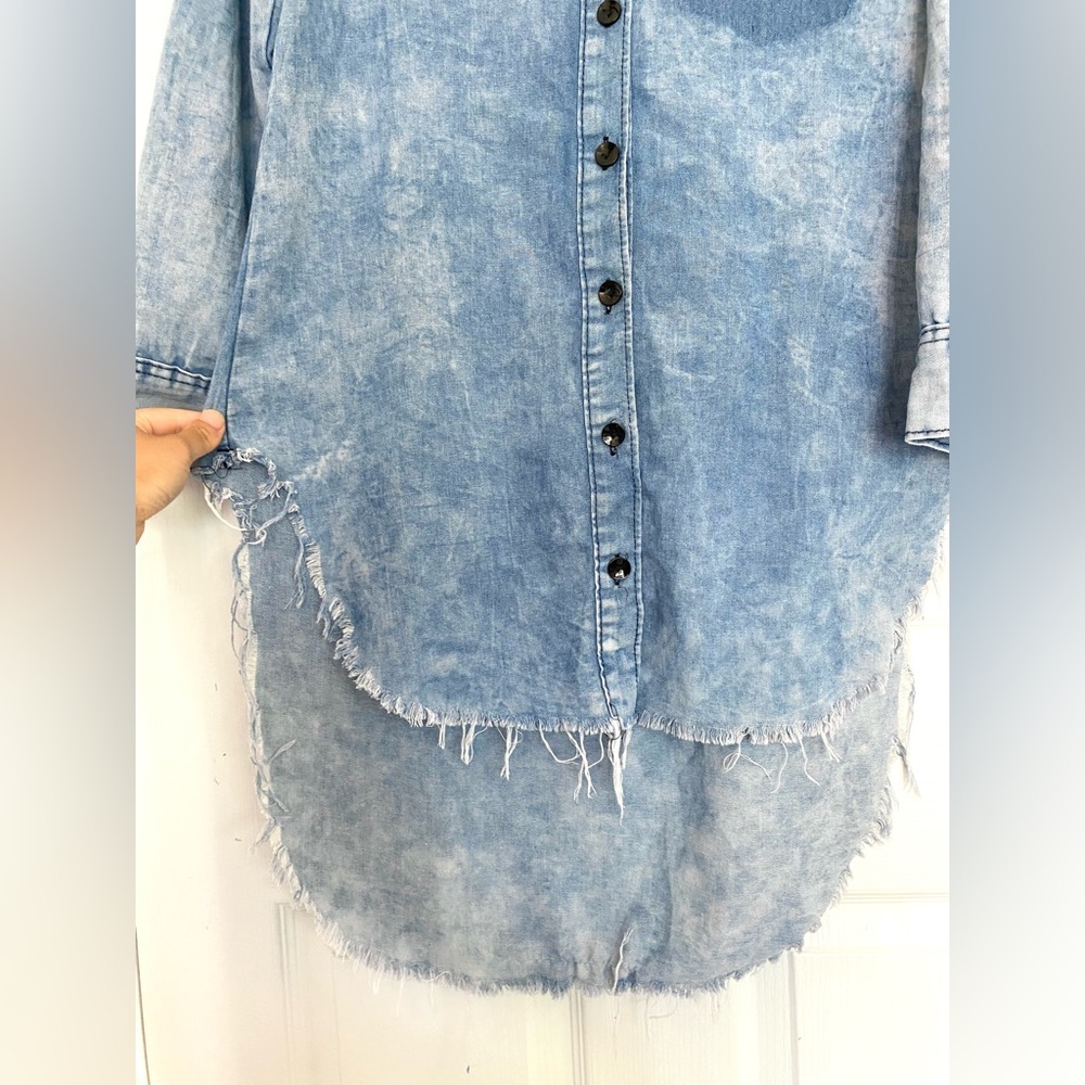 KROIX Cotton Rhinestones Details Raw Hem Hi Lo Denim Button-Up Shirt Dress Sz M - Picture 10 of 17